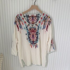 Embroidered Cream Boho Tunic Top with Multicolor Accents
